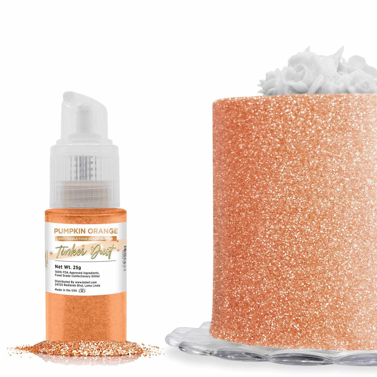 Bakell - Pumpkin Orange Tinker Dust Edible Glitter (25g, 1x Spray Pump) for Food, Desserts, and Beverages!